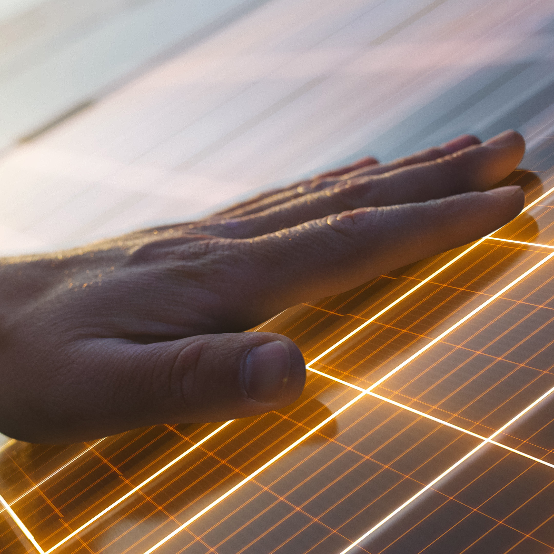 close up on hand of professional maintenance engineer touching industrial solar panel generating electricity. vfx graphics edit visualizing energy being generated. green energy concept.